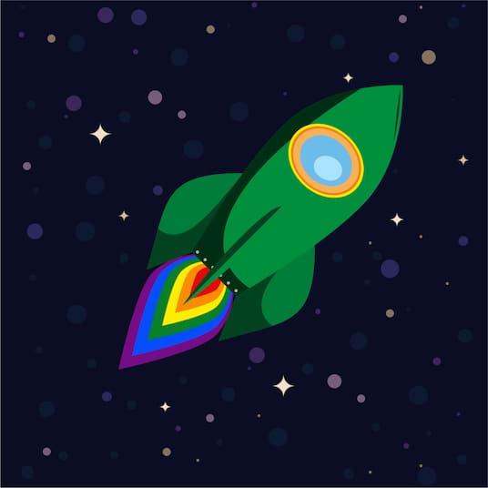 Fairydust.space Logo, a green rocket with a rainbow engine flame floating through space.